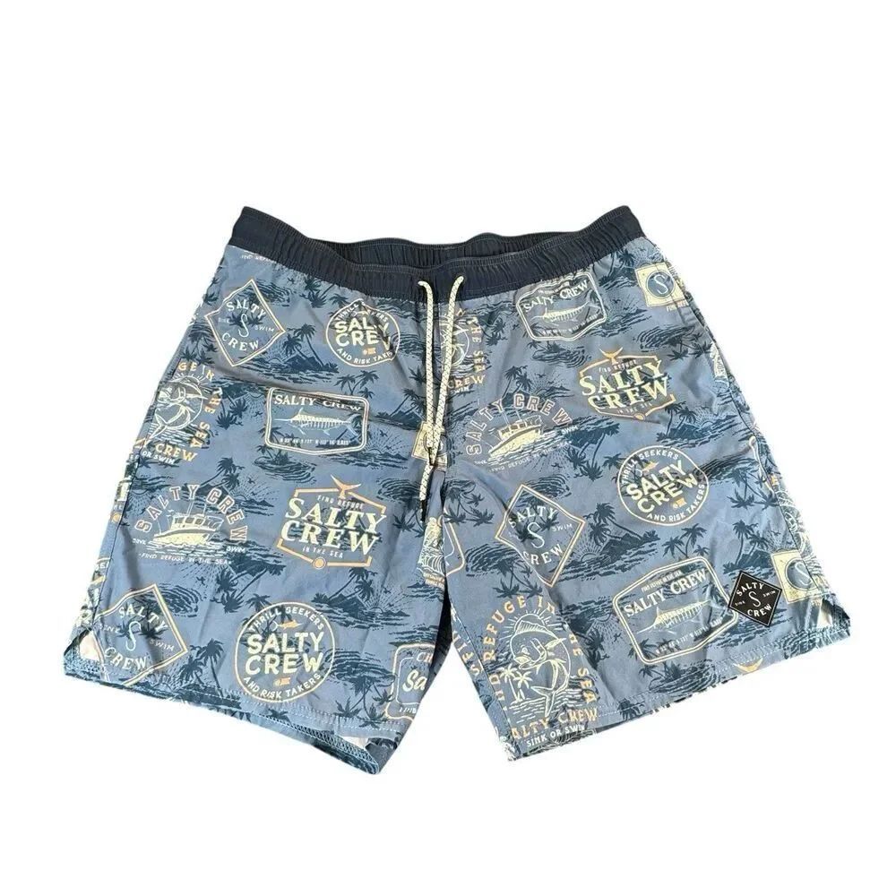 SALTY CREW CABIN Sz L 34 CRUISER Beach Club Elastic Boardshort Marine Blue AOP